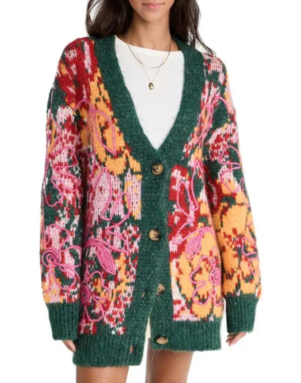 Free People Alexis Floral Long Sleeve V-Neck Cardigan Sweater Yellow Green Large